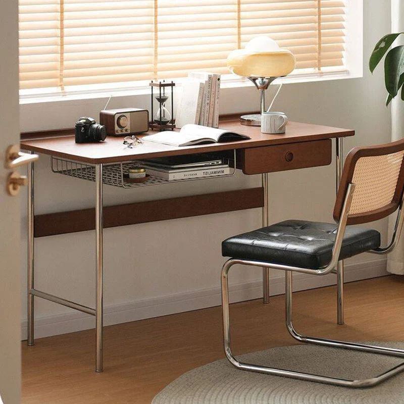 Modern Minimalist Rectangular Rubberwood Stainless Steel Desk 4-Leg 1-Drawer For Home Office