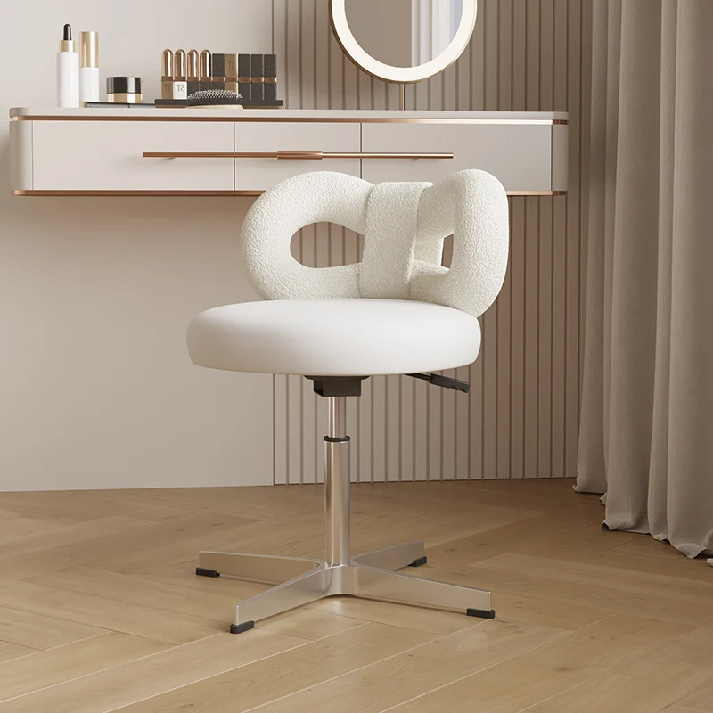 Modern Minimalist Round PU Leather Sherpa Fabric Stainless Steel Swivel Height-adjustable Vanity Stool Backrest Armless For Bedroom