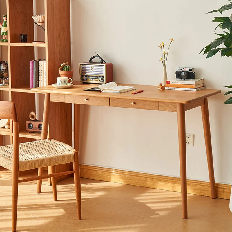 Contemporary Nordic Rectangular Cherry Wood Solid Wood Plywood Desks 1/2-Drawers For Home Office