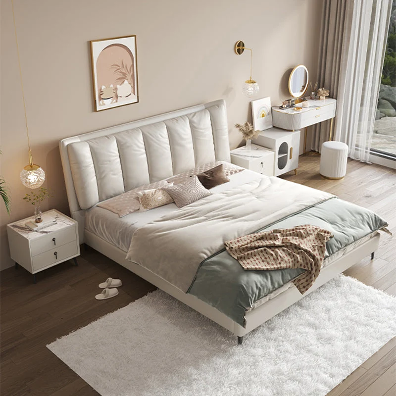 Modern White Panel Bed Wood and Upholstered Bed Frame, 42.5" Tall