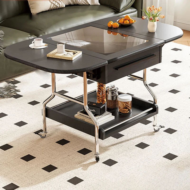 Traditional Vintage Rectangular Tempered Glass Plywood Stainless Steel Foldable Movable Coffee Table 2-Drawer For Living Room