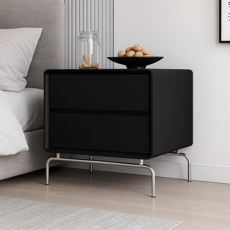 Contemporary Nordic Cat-Scratch Leather Pine Wood Carbon Steel Square Rectangular Nightstand With 2 Drawers For Bedroom