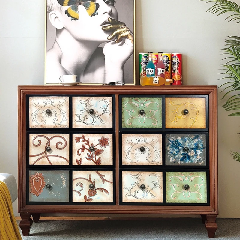 Traditional Vintage Rectangular Medium Density Fiberboard Solid Wood Side Table 6-Drawer For Living Room