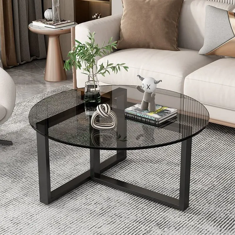 Contemporary Scandinavian Round Sintered Stone Glass Carbon Steel Coffee Table 2-Tier For Living Room