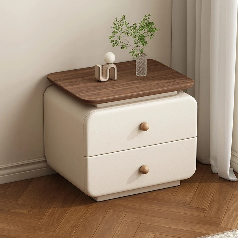 Contemporary Scandinavian Rectangular Plywood Microfiber Leather Pine Wood Nightstand 2-Drawer For Bedroom