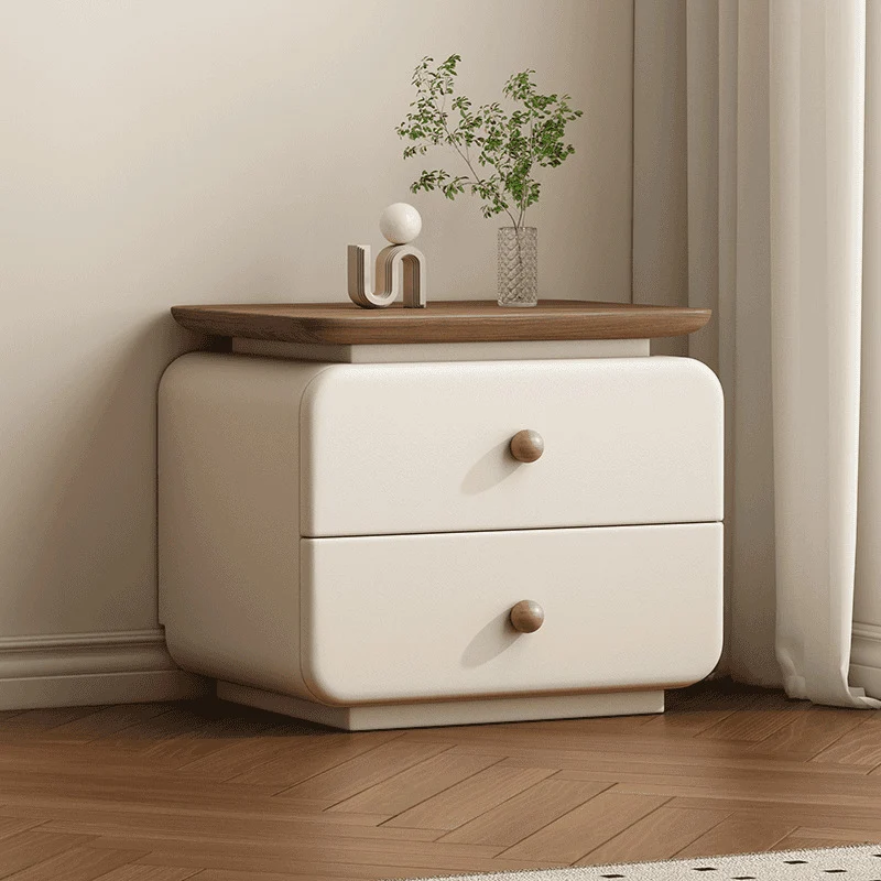Contemporary Scandinavian Rectangular Plywood Microfiber Leather Pine Wood Nightstand 2-Drawer For Bedroom