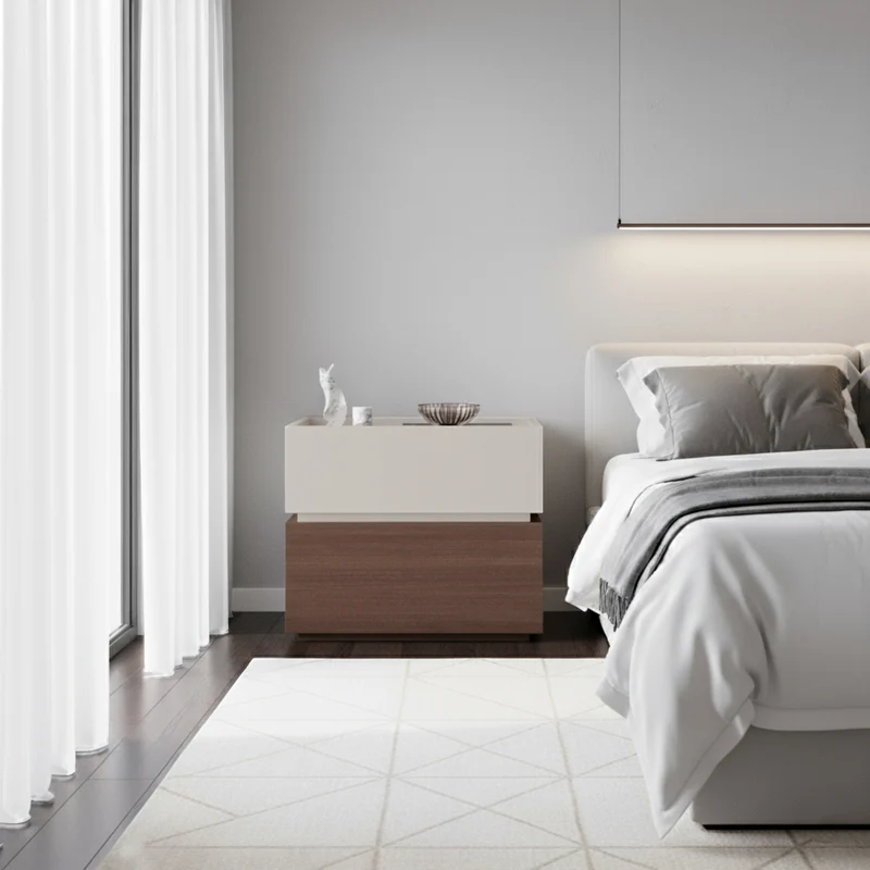 Modern Minimalist Solid Wood Eco Board Square Rectangular Nightstand with 2 Drawers for Bedroom
