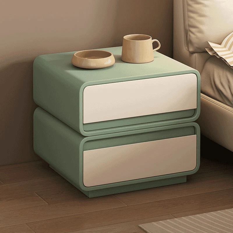 Modern Minimalist Square Finger-Jointed Pine Wood MDF Microfiber Leather Nightstand 2-Drawer For Bedroom