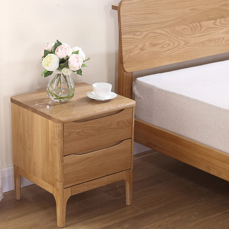 Modern Minimalist Square Red Oak Wood Paulownia Wood Nightstand 2-Drawer For Bedroom