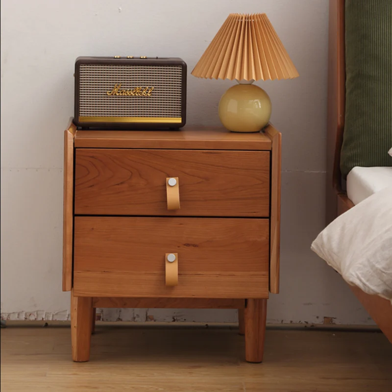 Contemporary Scandinavian Square Cherry Wood Poplar Wood Nightstand 2-Drawer For Bedroom