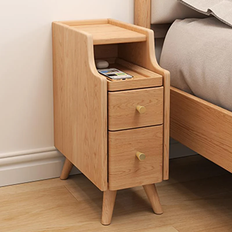 Contemporary Scandinavian Rectangular Rubberwood Space-Saving Nightstand 1-Tier 2-Drawer For Bedroom