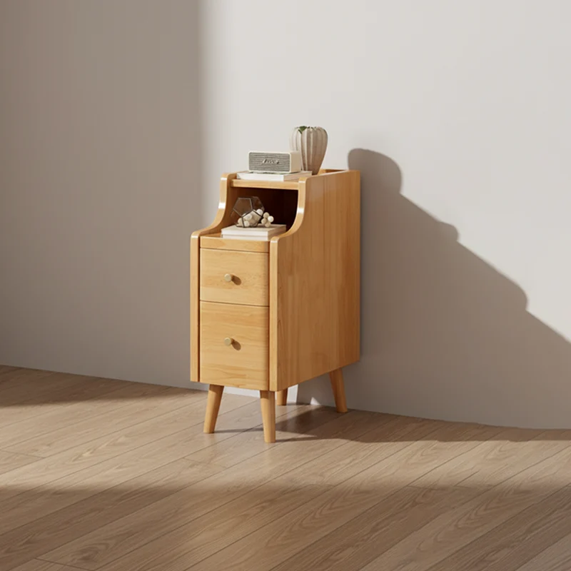 Contemporary Scandinavian Rectangular Rubberwood Space-Saving Nightstand 1-Tier 2-Drawer For Bedroom