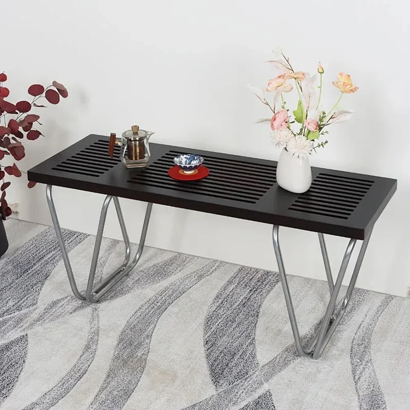 Modern Minimalist Linear Carbon Steel Pine Wood Bench Backless Armless For Living Room & Bedroom