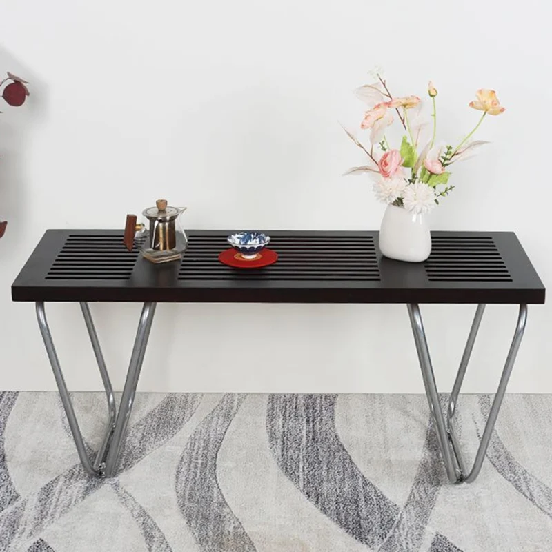 Modern Minimalist Linear Carbon Steel Pine Wood Bench Backless Armless For Living Room & Bedroom