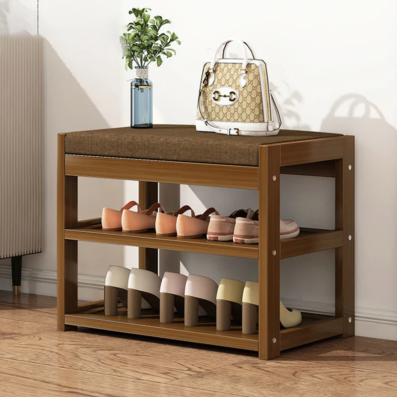 Traditional Rustic Rectangular Nan Bamboo MDF Fabric Sponge Shoe Bench Backless Armless For Entryway & Hallway