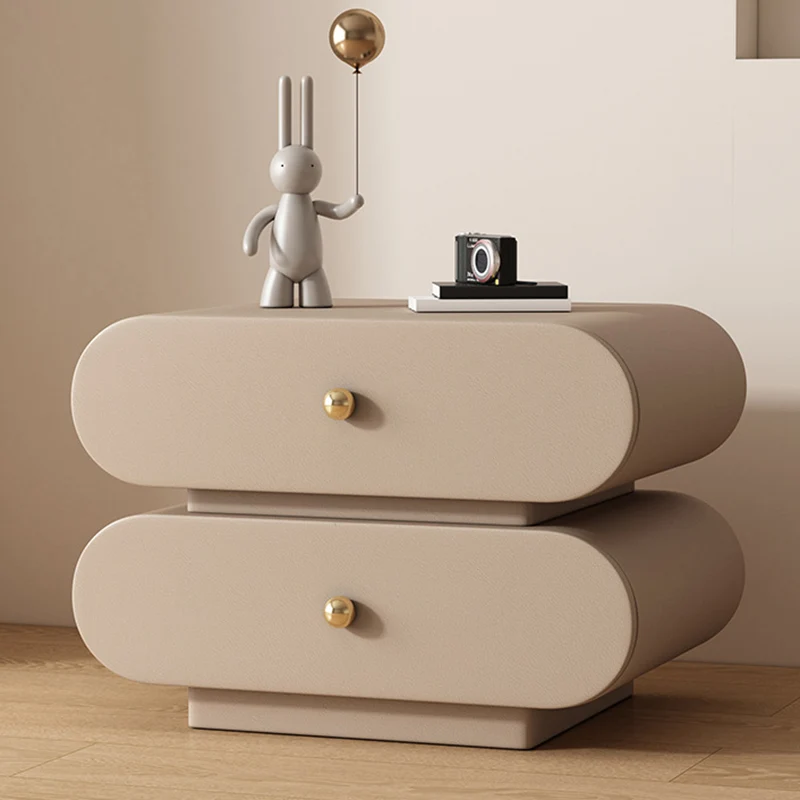 Modern Minimalist Oval Faux Leather Finger-Jointed Board Pine Wood Nightstand 2-Drawer For Bedroom