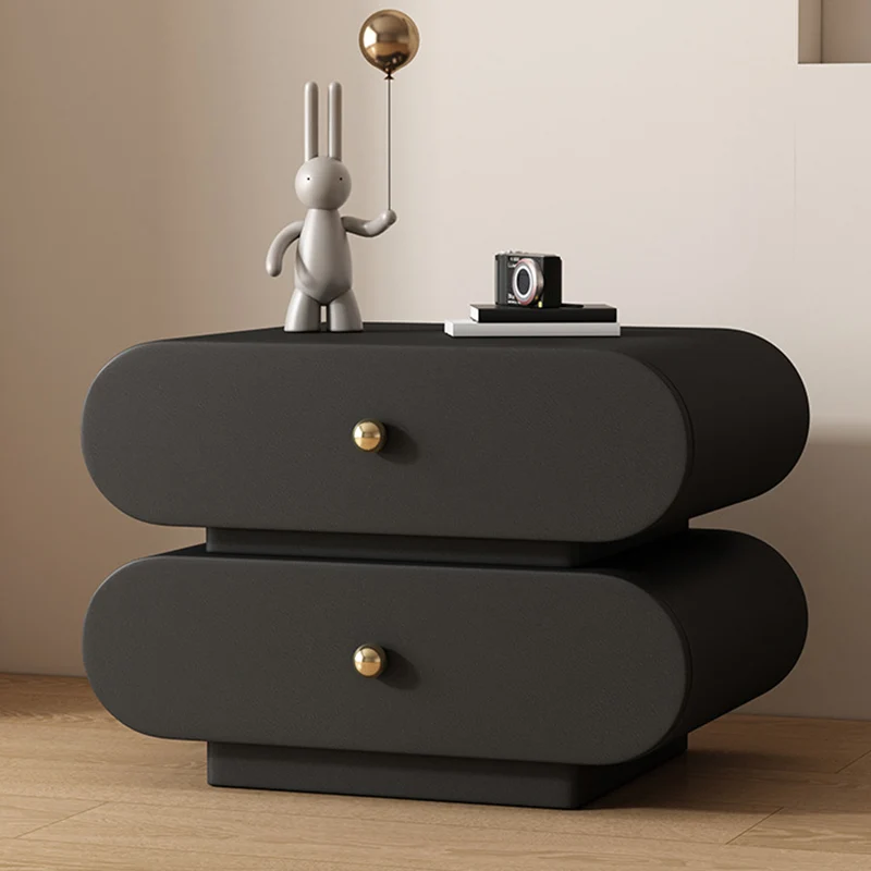 Modern Minimalist Oval Faux Leather Finger-Jointed Board Pine Wood Nightstand 2-Drawer For Bedroom