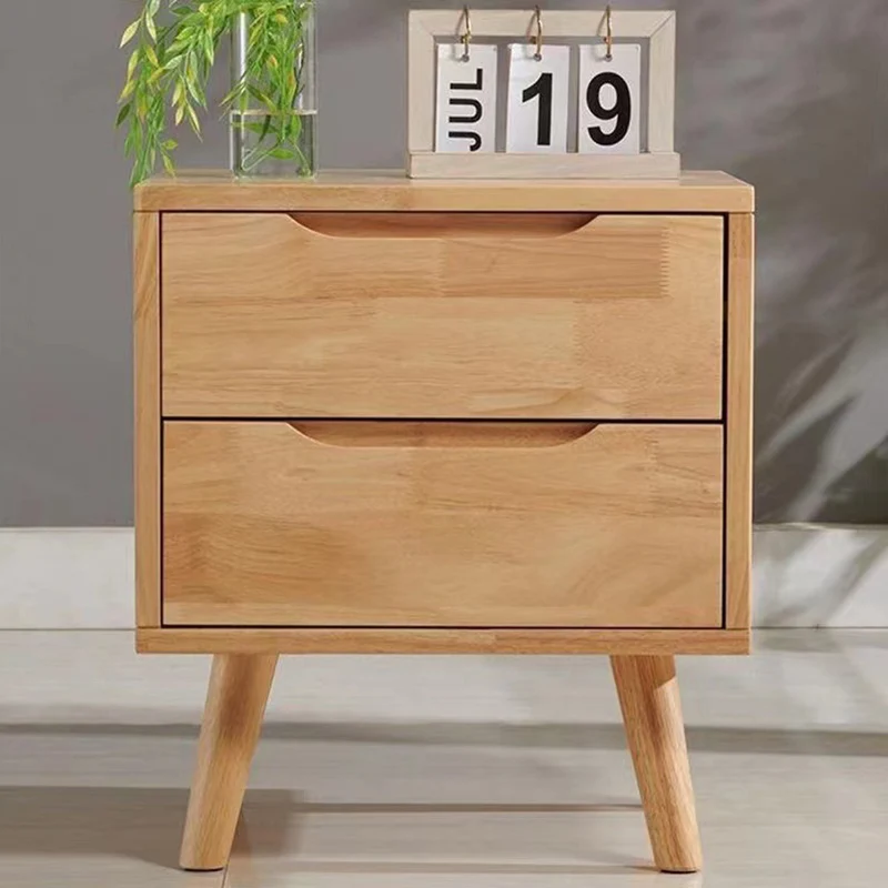 Contemporary Scandinavian Square Rubberwood Solid Wood Plywood Nightstand 2-Drawer For Bedroom