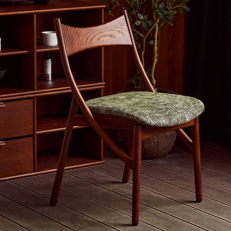 Traditional Vintage Rectangular Curved Cat-Shaped Solid Wood Silicone Leather Fabric Dining Chair Backrest Armless For Dining Room