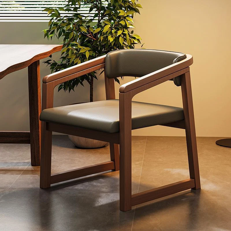 Modern Minimalist Curved PU Leather Rubberwood Dining Chair Backrest Armrest For Dining Room