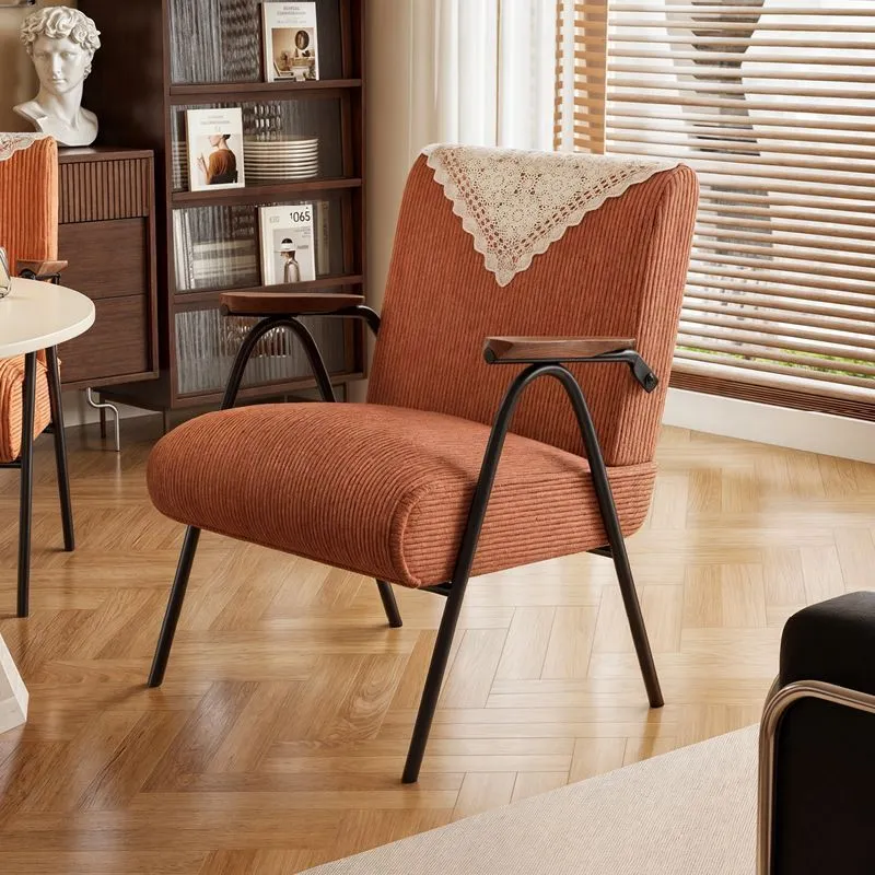 Traditional Vintage Rectangular Corduroy Faux Oil-Waxed Leather Solid Wood Iron Accent Chair Backrest Armrest For Living Room