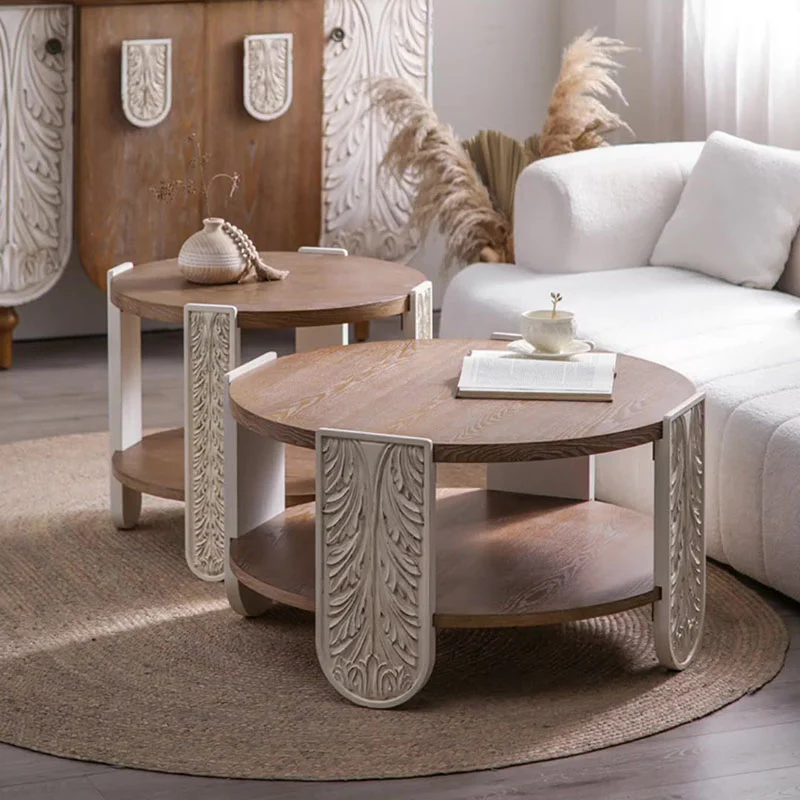 Traditional French Round Relief Carved Clear Pine Wood Coffee Table 2-Tier For Living Room