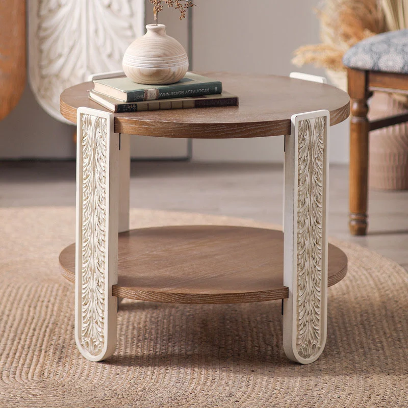 Traditional French Round Relief Carved Clear Pine Wood Coffee Table 2-Tier For Living Room