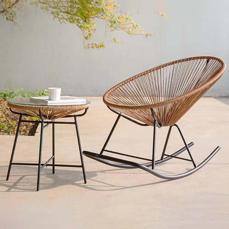 Traditional Vintage Oval Iron PE Rattan Weaving Rocking Chair Backrest Armless For Living Room