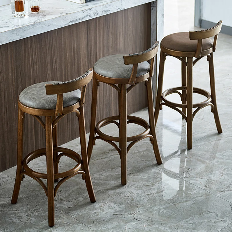 Traditional Vintage Round Rubberwood PU Leather Bar Stool Backrest Armless For Dining Room