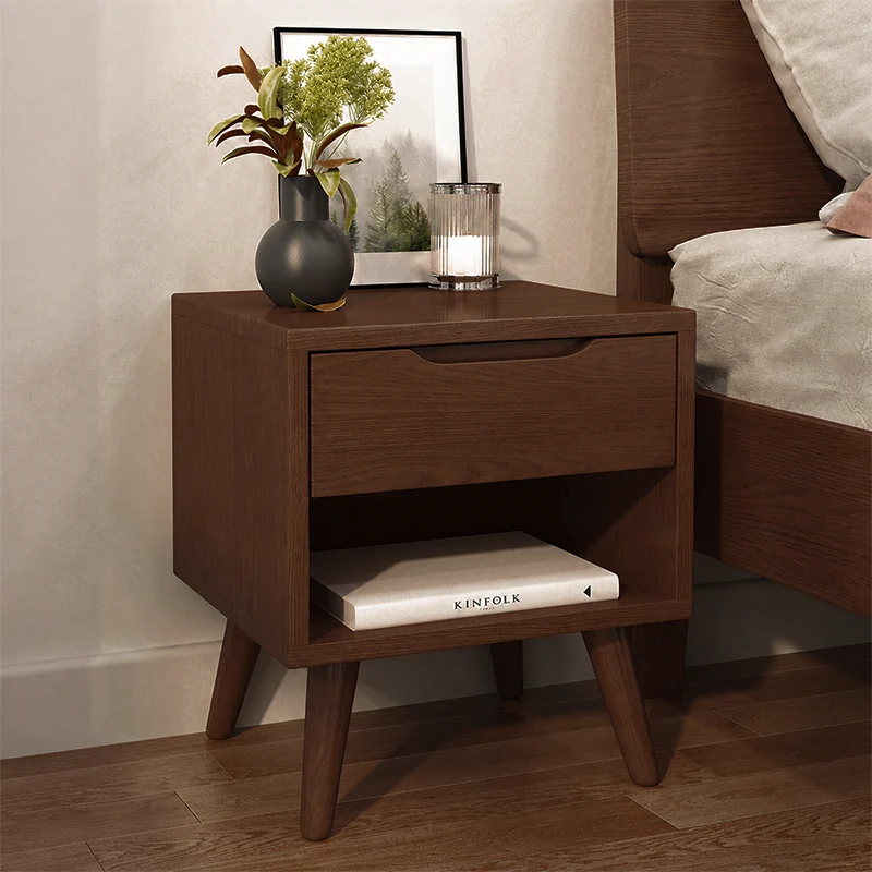Contemporary Scandinavian Solid Wood & Plywood Cylindrical Square Nightstand With 1/2 Drawers For Bedroom