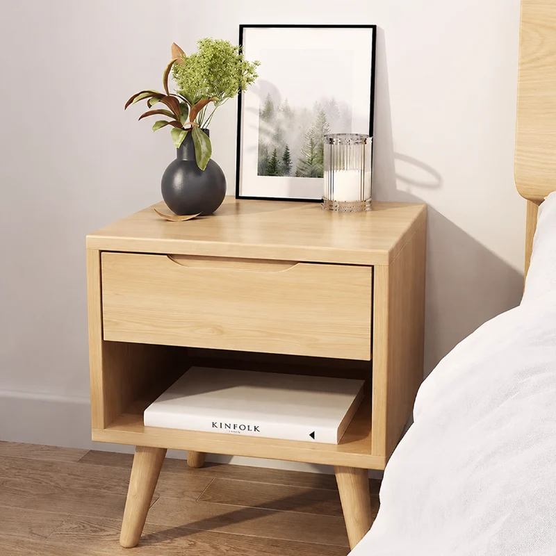 Contemporary Scandinavian Solid Wood & Plywood Cylindrical Square Nightstand With 1/2 Drawers For Bedroom