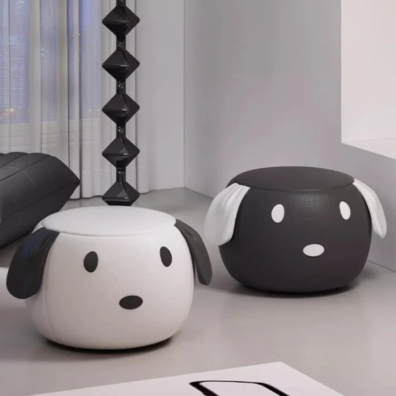Contemporary Creative Oil Wax Leather Solid Wood Stainless Steel Dog-Shaped Round Movable Low Stool For Living Room
