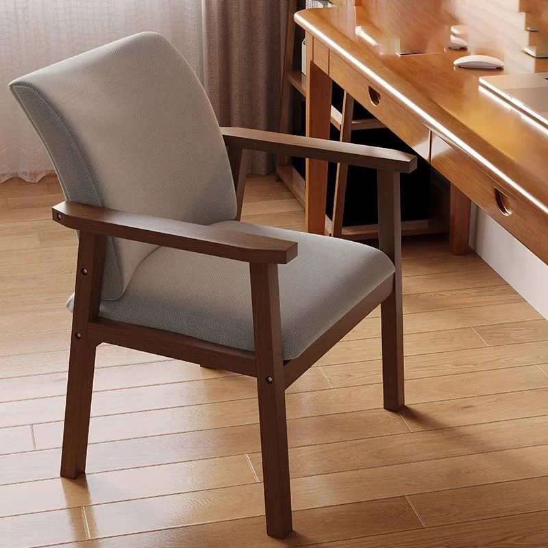 Contemporary Scandinavian Cotton Linen Rubberwood Tilted Rounded Square Desk Chair With Backrest & Armrest For Home Office
