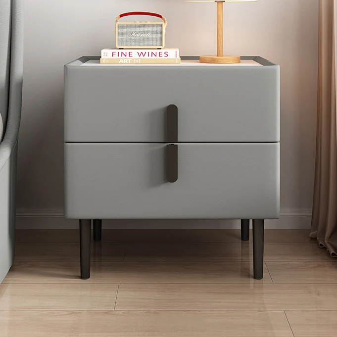 Contemporary Scandinavian Sintered Stone Microfiber Leather Carbon Steel Pine Rounded Square Nightstand 2-Drawer For Bedroom
