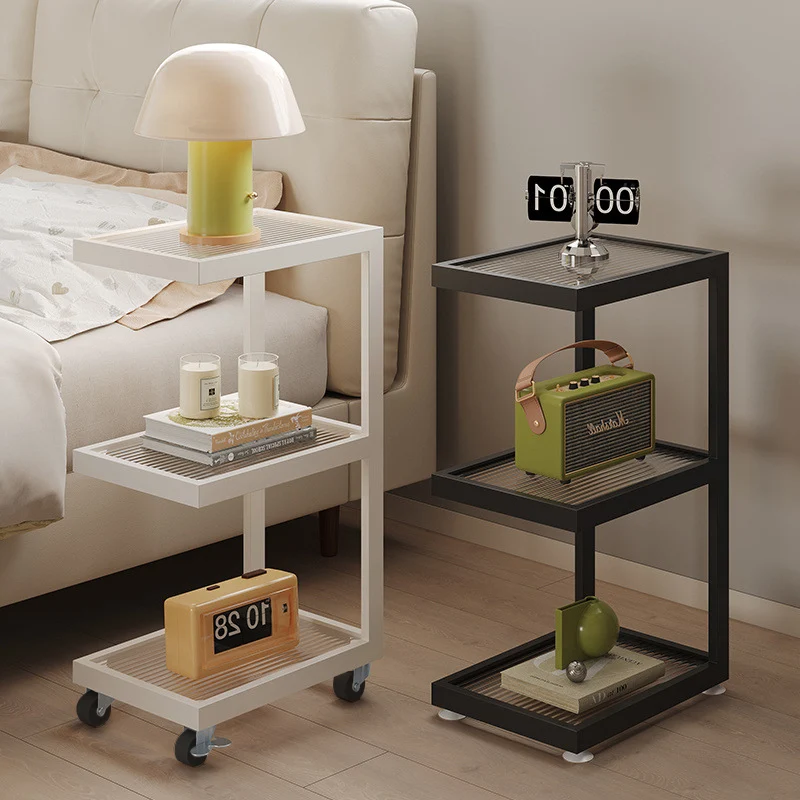 Contemporary Scandinavian Glass Iron Mobile Rectangle Side Table 3-Tier For Living Room