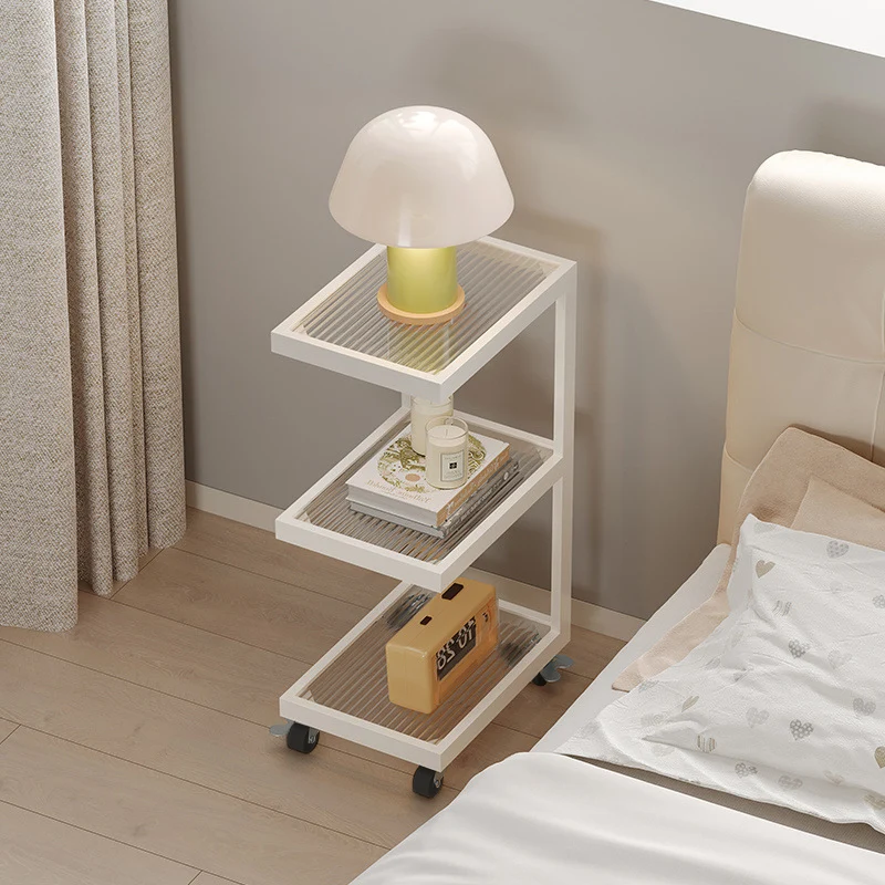 Contemporary Scandinavian Glass Iron Mobile Rectangle Side Table 3-Tier For Living Room