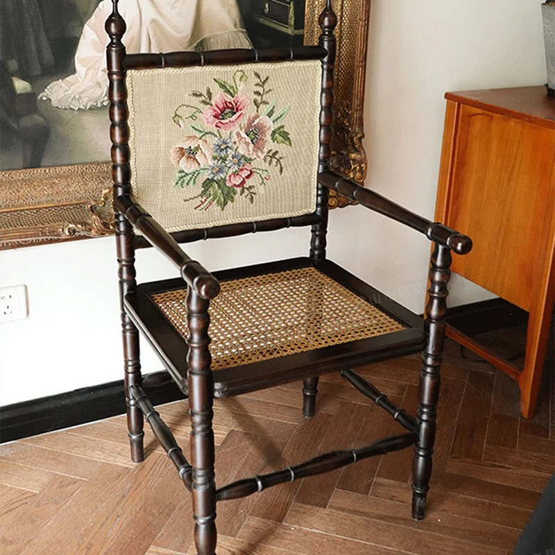 Traditional Vintage Rubberwood Rattan Square Dining Chair Backrest Armrest For Dining Room