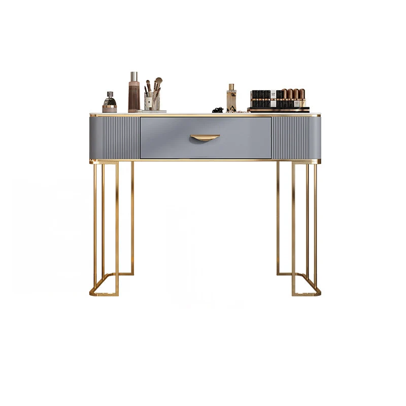 Solid Wood Drawers Vanity Set with Stone Top & Padded Stool in Grey