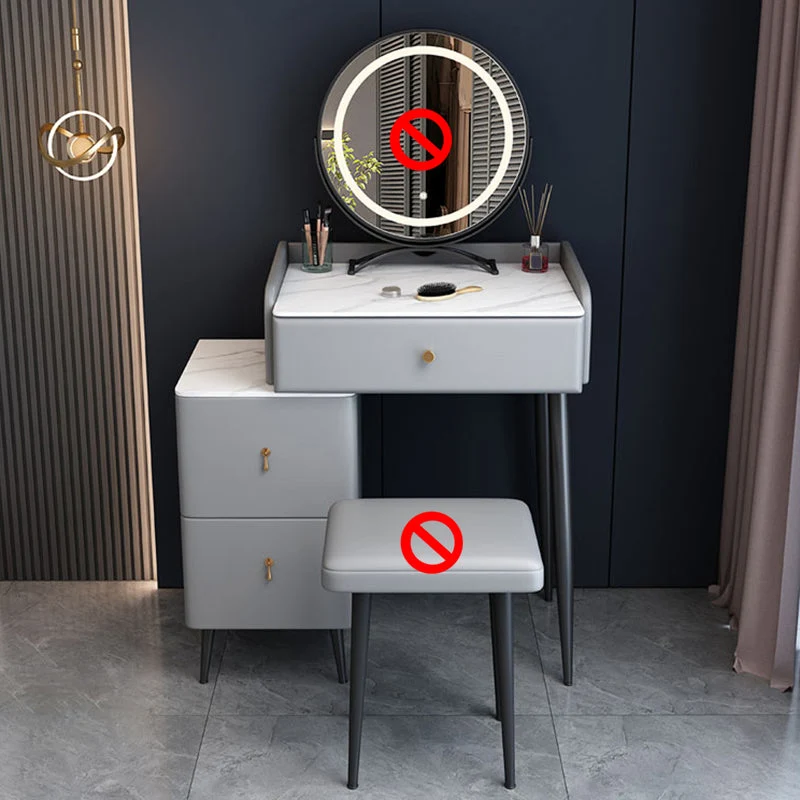 Modern 3 Drawers Vanity Desk 23.62" W Stone Top Dressing Table Stool Set