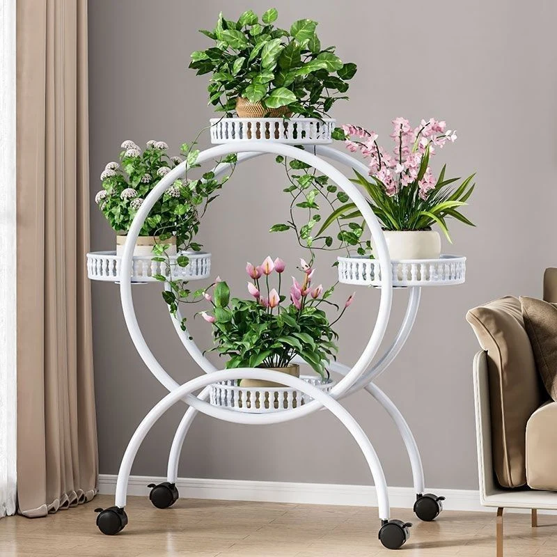 Modern Minimalist Movable Round Ferris Wheel-Shaped Carbon Steel Display Rack 4/6/8-Tray For Balcony