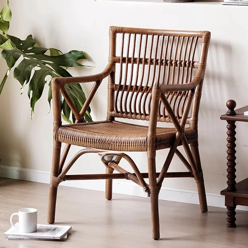 Traditional Farmhouse Rectangular Rattan Solid Wood Dining Chair Backrest Armrest For Dining Room