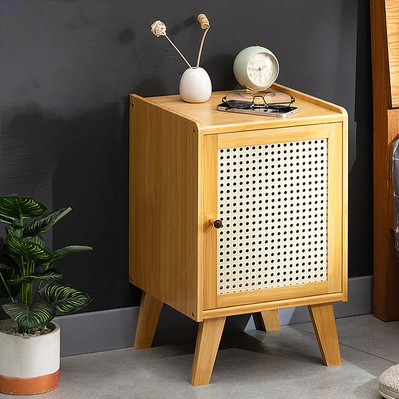 Traditional Rustic Rectangular Nan Bamboo Engineered Wood Plastic Rattan Nightstand 1-Cabinet For Bedroom