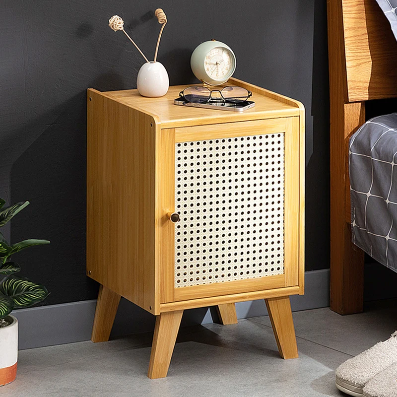 Traditional Rustic Rectangular Nan Bamboo Engineered Wood Plastic Rattan Nightstand 1-Cabinet For Bedroom
