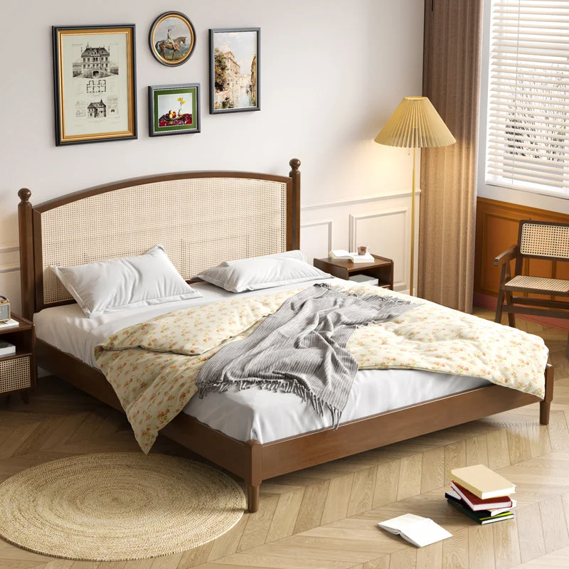 Tropical Wood Panel Standard Bed, Arched Wicker & Rattan Headboard Bed