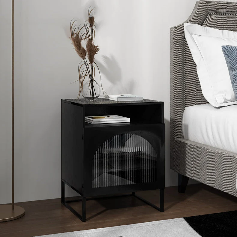 23" H Metal Nightstand Cabinets Included Glass Top Bed Nightstand in Black/white