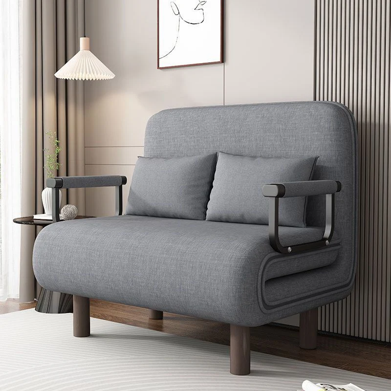 Modern Minimalist Cotton Linen Iron Rounded Rectangular Sofa Bed With Backrest And Armrests For Bedroom