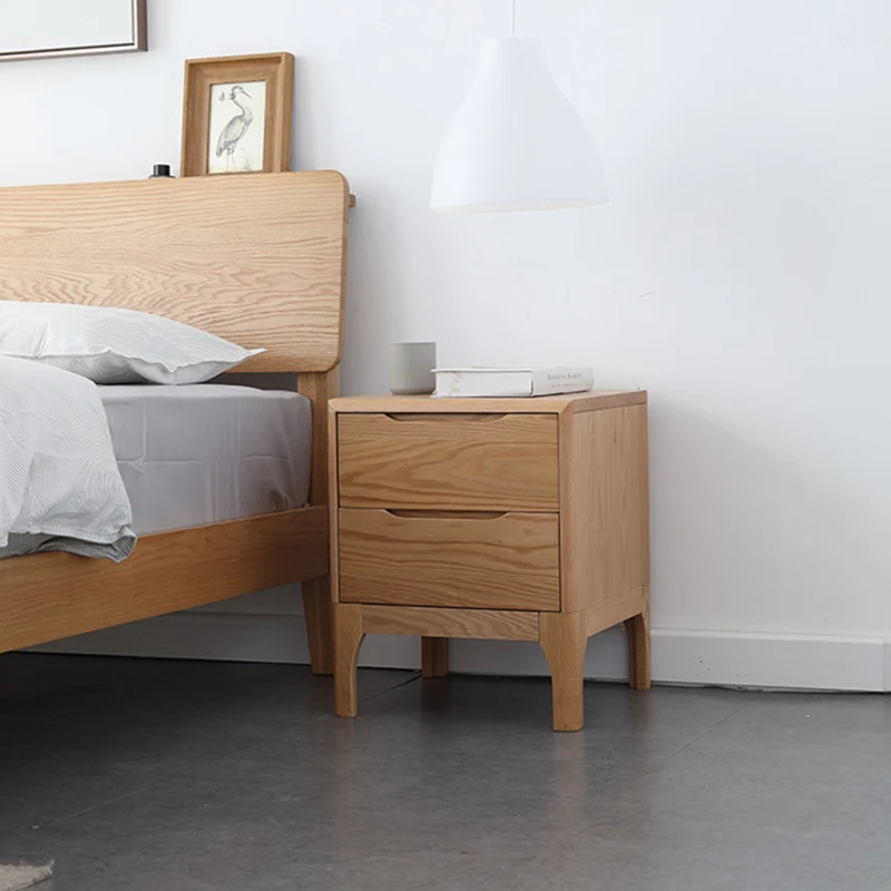 Contemporary Scandinavian Square Oak Solid Wood Paulownia Wood Nightstand 2-Drawer For Bedroom