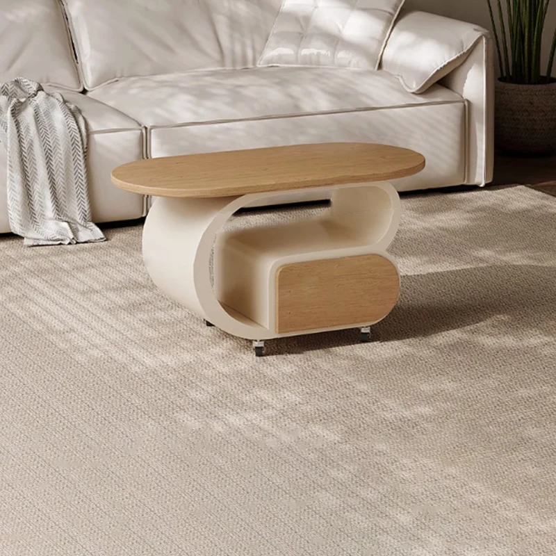 Contemporary Scandinavian Oval Multi-Layer Solid Wood Carbon Steel Movable Side Table 1-Drawer For Living Room