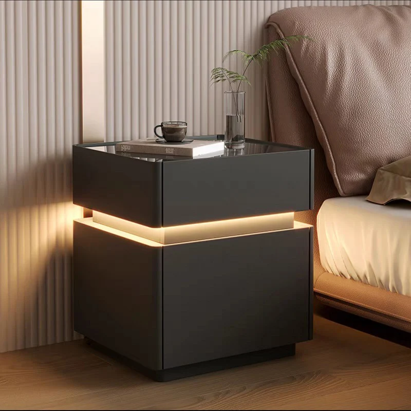 Modern Minimalist Rectangular Glass Microfiber Leather Solid Wood Nightstand 3-Drawer For Bedroom
