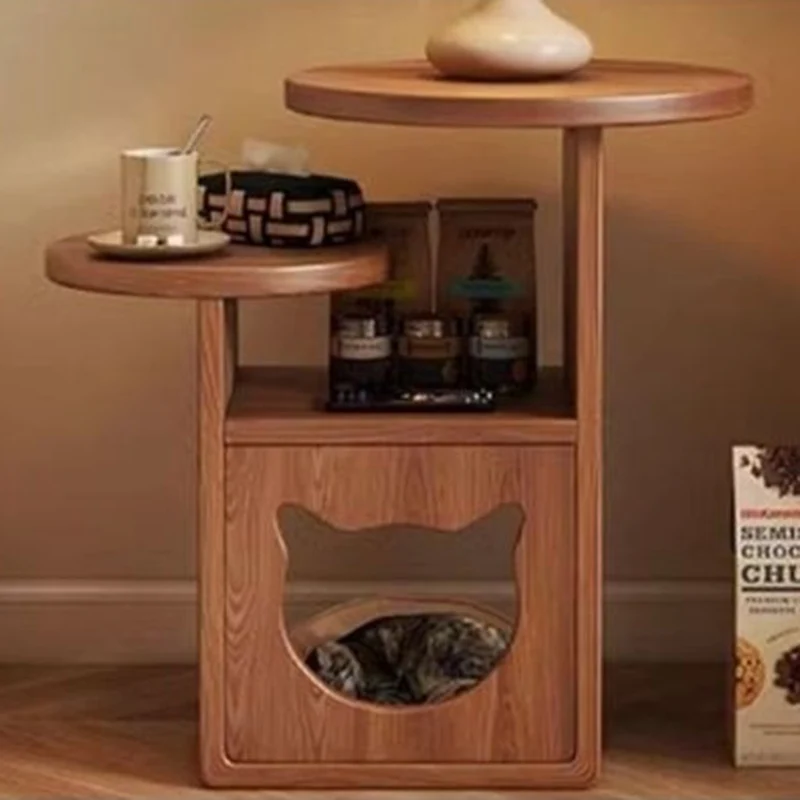 Contemporary Creative Round Cat Beds Pine Wood Nightstand 3-Tier For Bedroom